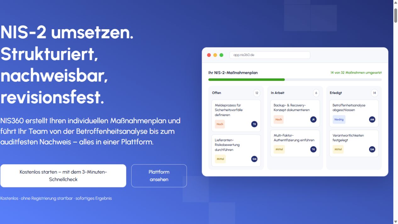 Aktuelle Ansicht der NIS360-Plattform
